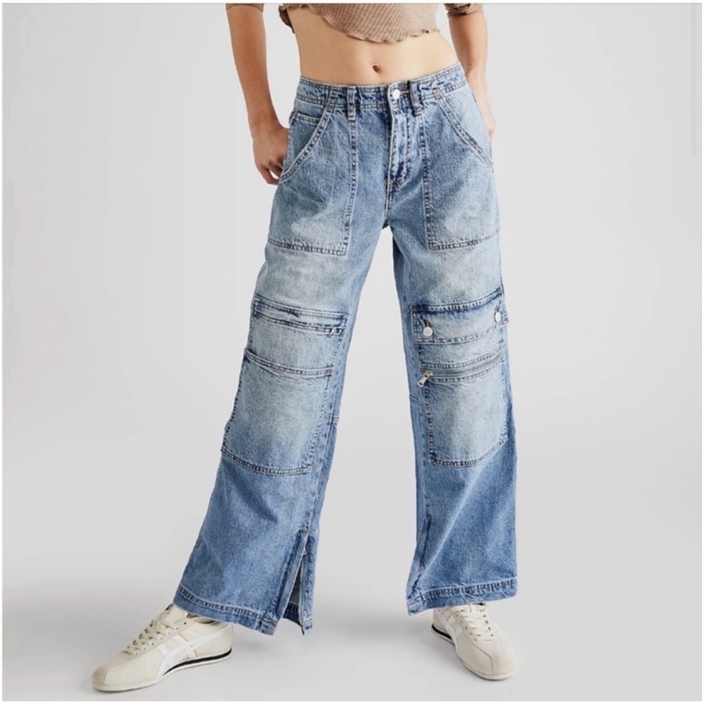 Free People CRVY Under Construction Utility Jeans Sz 32 Cargo Baggy Double Knee - Picture 5 of 10